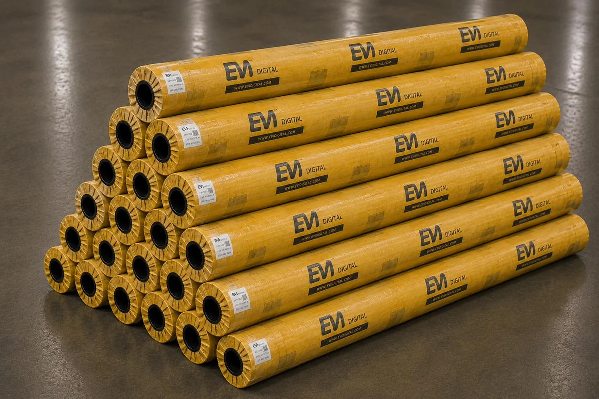 EVI DIGITAL banner rolls stacked in pyramid formation